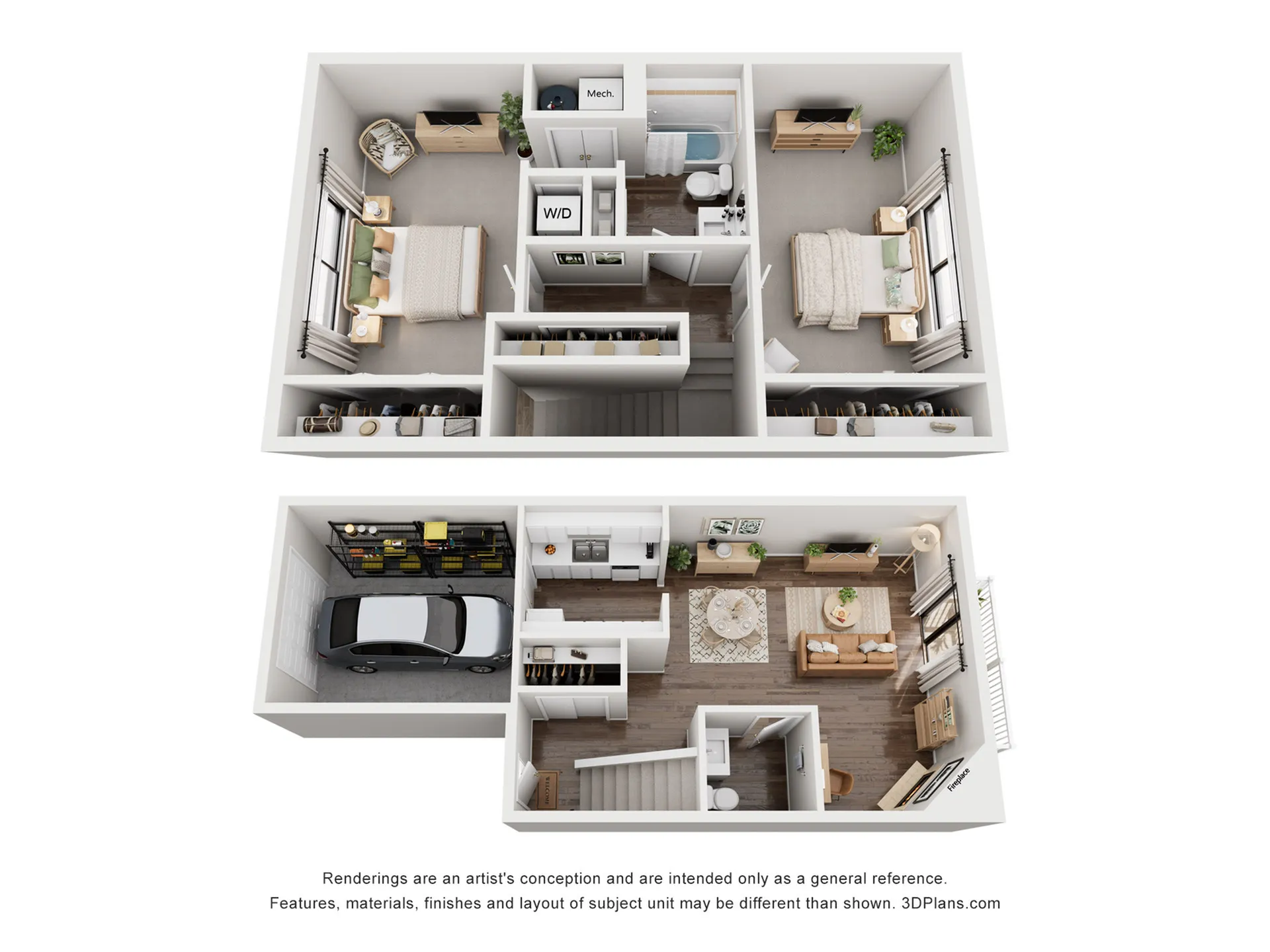 Modern 3D floor plan showcasing a spacious two-bedroom layout, featuring a cozy living room, stylish kitchen, and attached garage.
