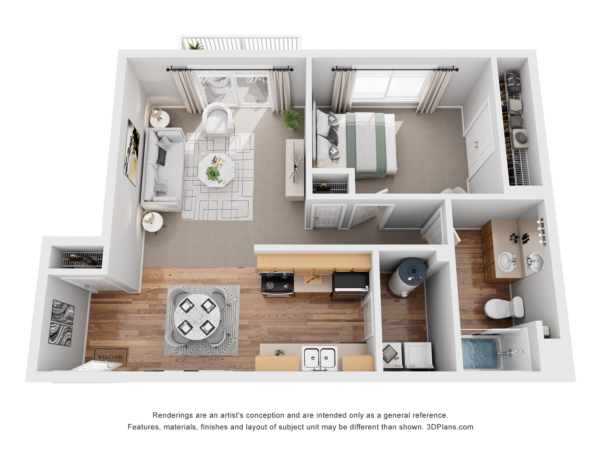 Chic 3D floor plan showcasing one-bedroom apartment with open living area, modern kitchen, and stylish bathroom.