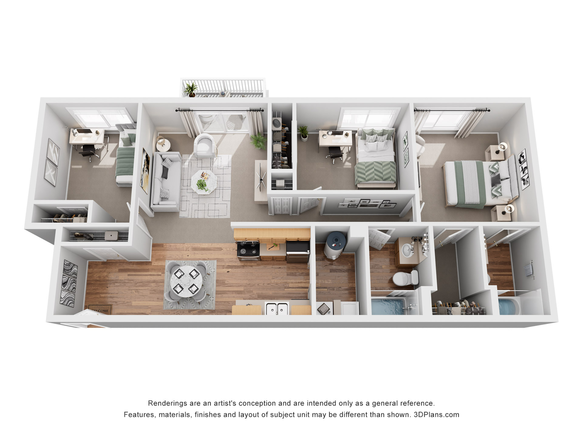 Elegant 3D floor plan showcasing two cozy bedrooms, a stylish open-concept living and dining area, modern kitchen, and two well-appointed bathrooms. Features an inviting balcony and ample storage space.