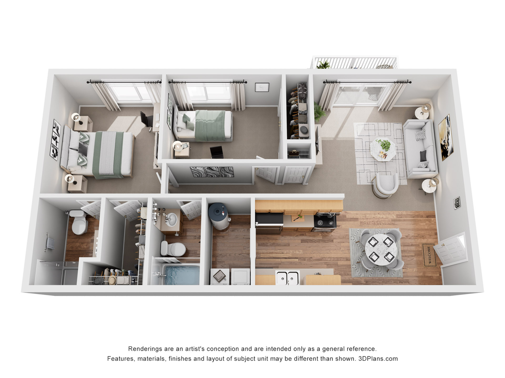Modern 3D floor plan displaying 2 spacious bedrooms, elegant living area with balcony access, fully equipped kitchen, and two sleek bathrooms.