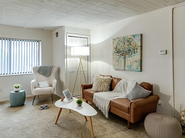 Inviting living room with cozy leather sofa, modern decor, and warm lighting, perfect for relaxation.