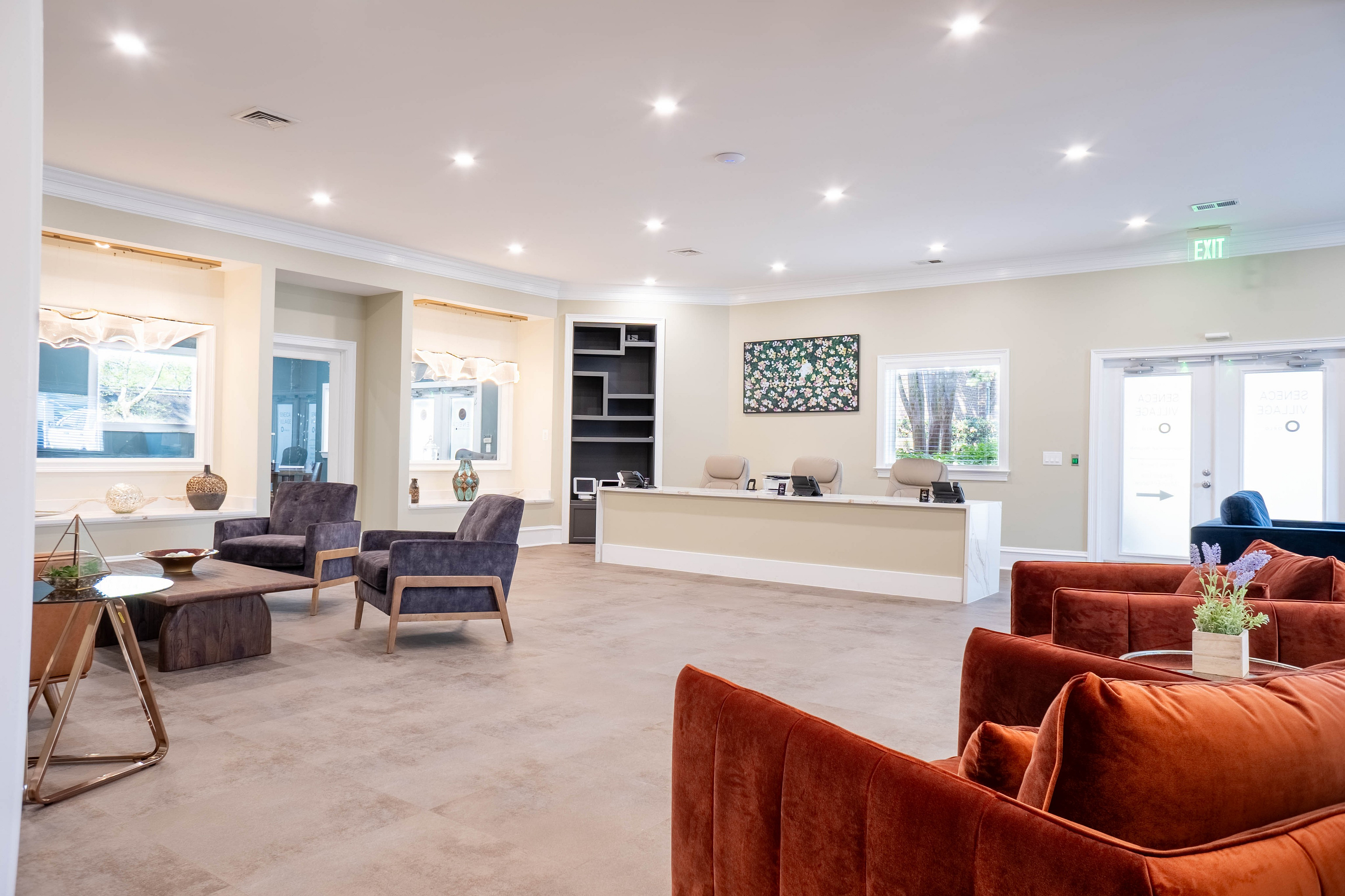 Elegant and inviting reception area featuring plush seating, modern decor, and a welcoming ambiance.