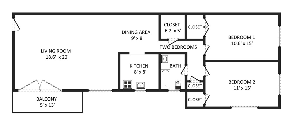 Inviting floor plan showcasing 2 spacious bedrooms, expansive living room with a balcony, cozy dining area, and a well-appointed kitchen.