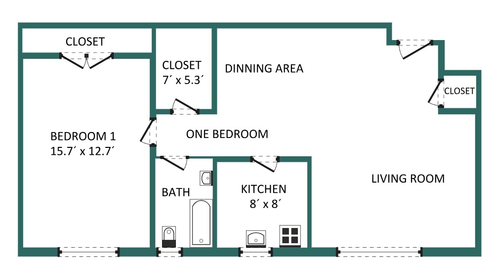 Charming floor plan featuring one spacious bedroom with dual closets, a cozy dining area, modern kitchen, and inviting living room.