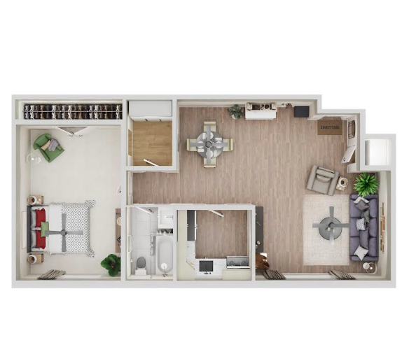 Chic floor plan featuring a spacious bedroom, modern kitchen, cozy living room, and elegant dining area in a well-lit apartment.