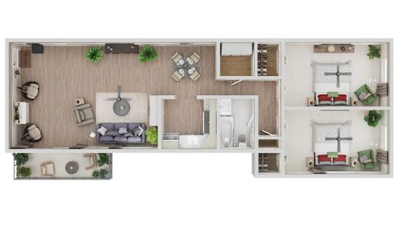 Modern floor plan showcasing an elegant open-concept living area, stylish kitchen, two cozy bedrooms, and a chic balcony space.