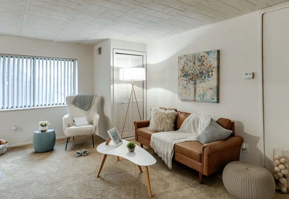 Cozy and inviting living room with plush carpet, stylish sofa, and contemporary decor, featuring elegant lighting and a serene ambiance.