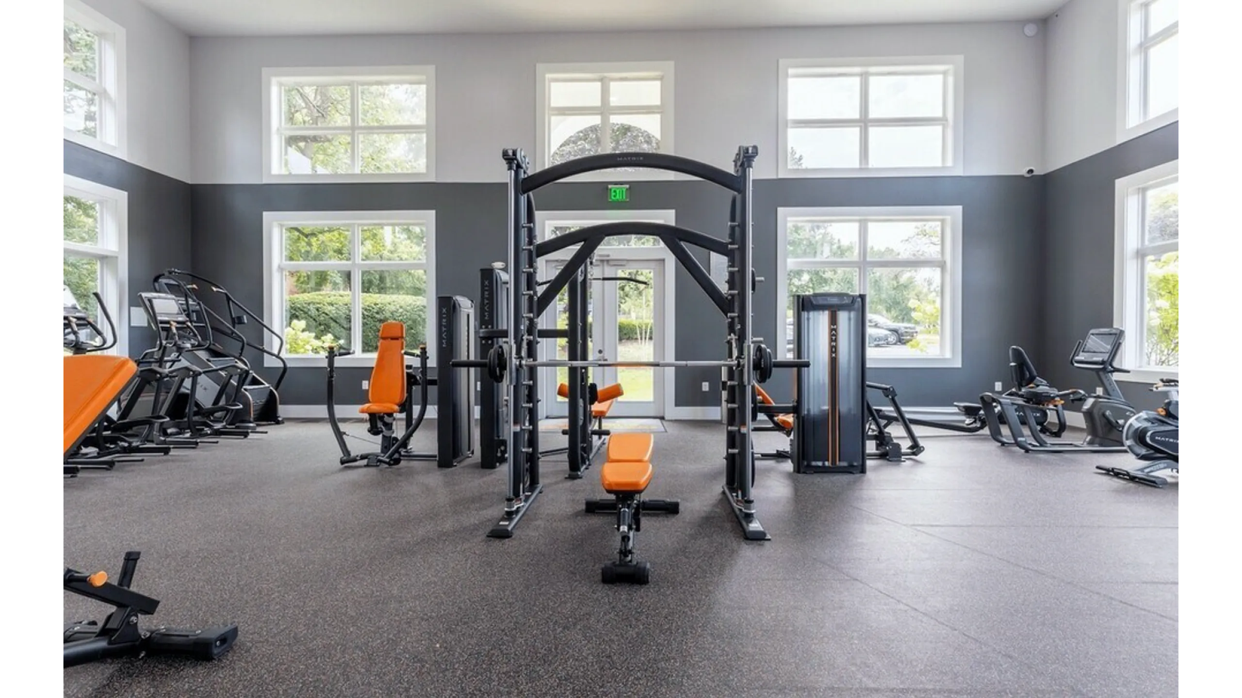 Modern fitness center with high ceilings, large windows offering natural light, and a variety of exercise equipment including weight machines and cardio gear.