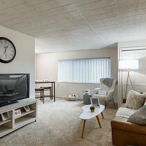 Inviting living room with plush carpet, cozy sofa, and chic decor, featuring a sleek TV and dining area bathed in natural light.