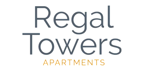 Elegant 'Regal Towers Apartments' logo in sleek gray and vibrant orange, representing luxury living.