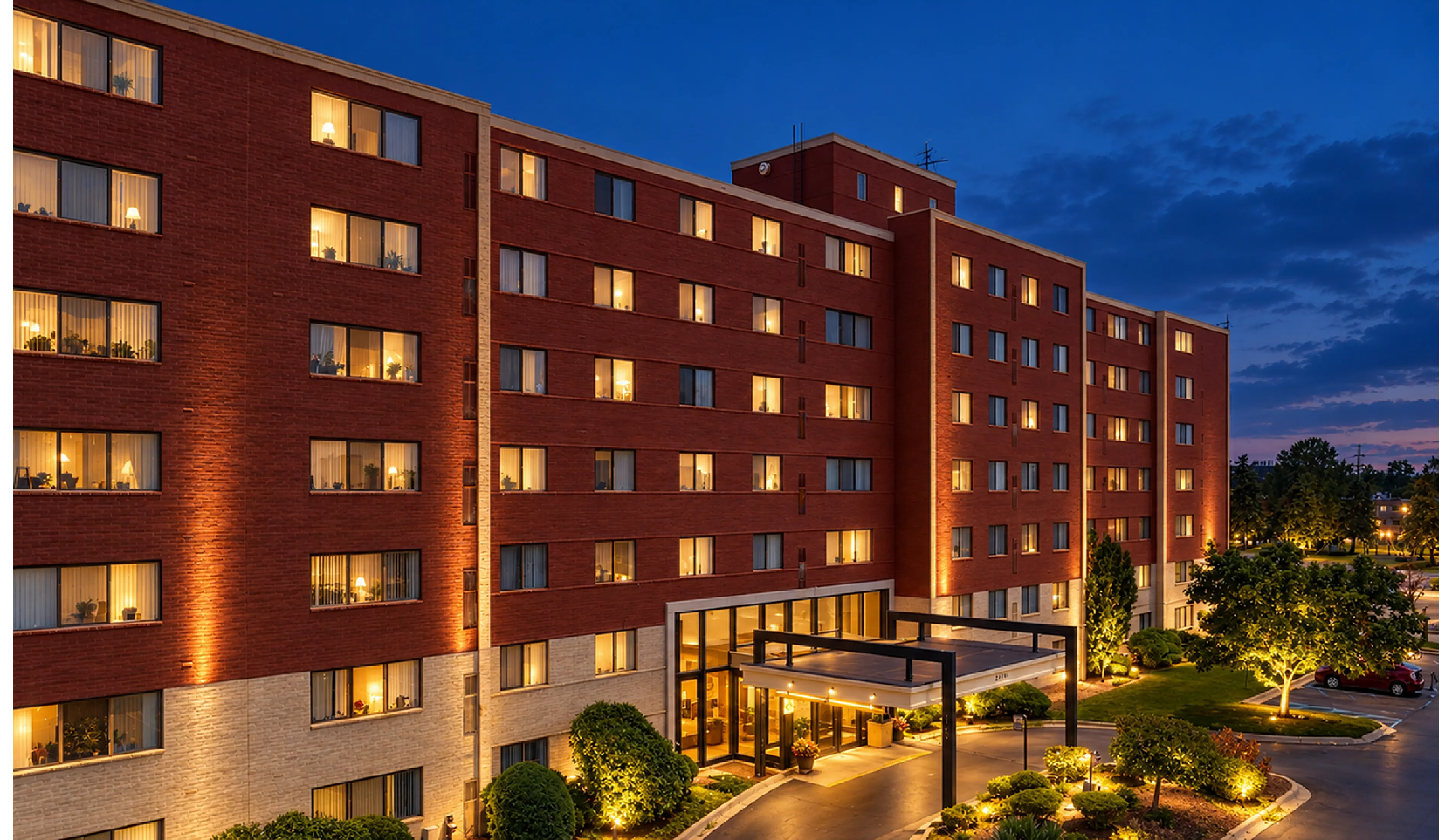 Elegant apartment complex with warm lights illuminating the red brick facade, set against a tranquil evening sky.