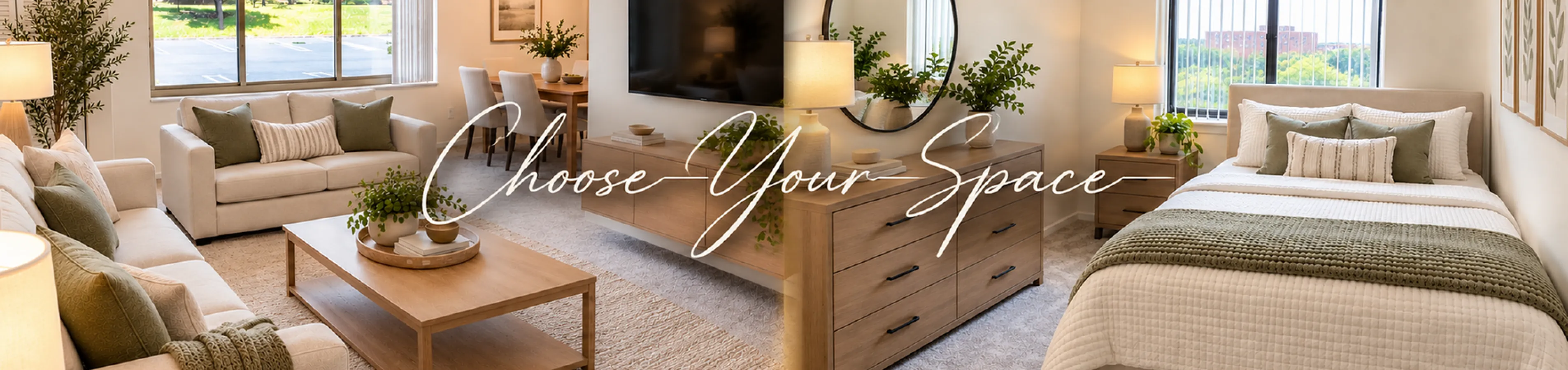 Inviting apartment living area with cozy seating, stylish decor, and modern dining space, alongside a tranquil, beautifully appointed bedroom.