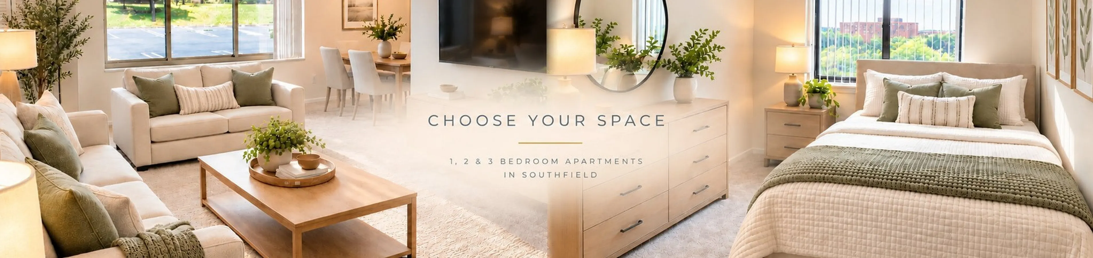 Bright and spacious apartment interior showcasing a stylish living room with plush seating, a modern dining area, and a cozy bedroom with elegant decor. Featuring large windows with scenic views, perfect for comfortable living in Southfield