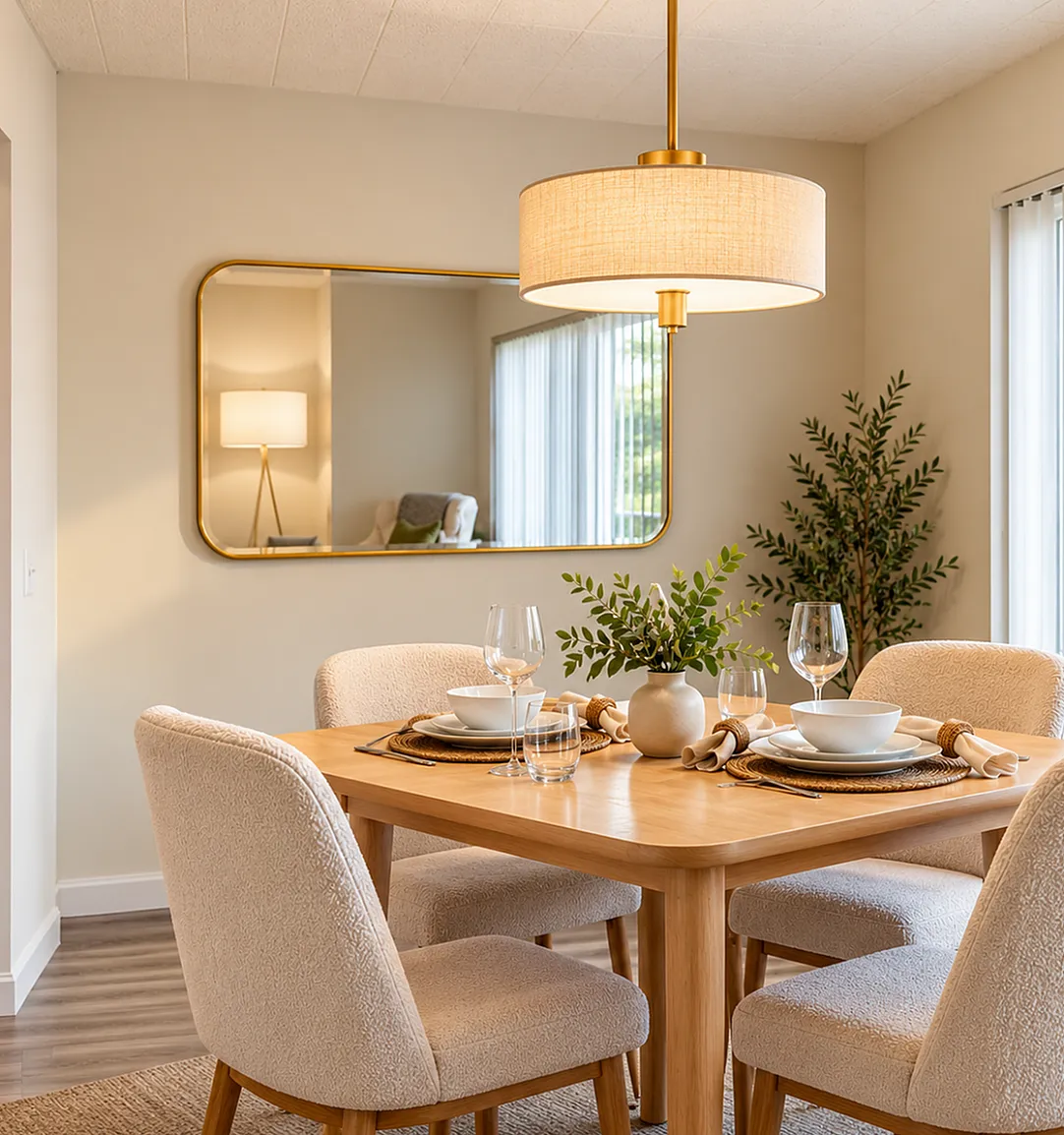 Elegant dining area with a cozy wooden table set for four, featuring stylish beige chairs and soft lighting, creating a warm and inviting ambiance.