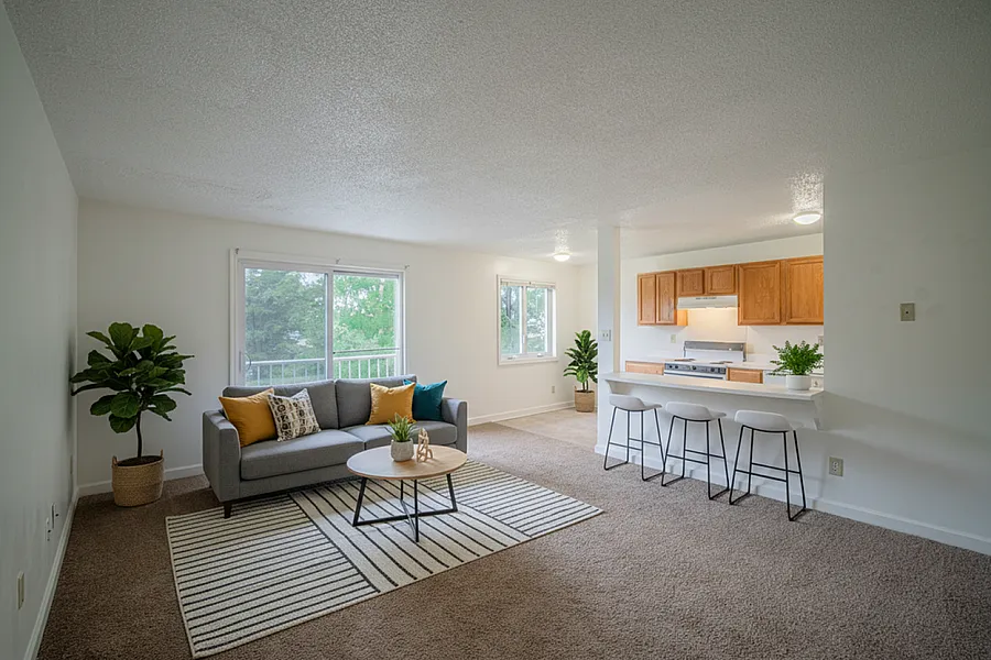 Bright and spacious open-concept living area with cozy seating, modern kitchen, and large windows overlooking greenery.