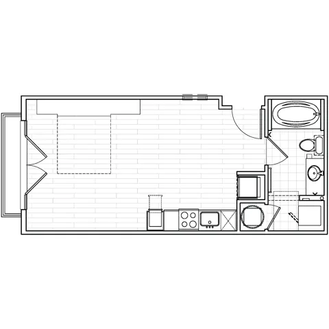 Studio apartment floor plan at Avenue 80 featuring an open layout with combined living and sleeping area, modern kitchen, and bathroom.