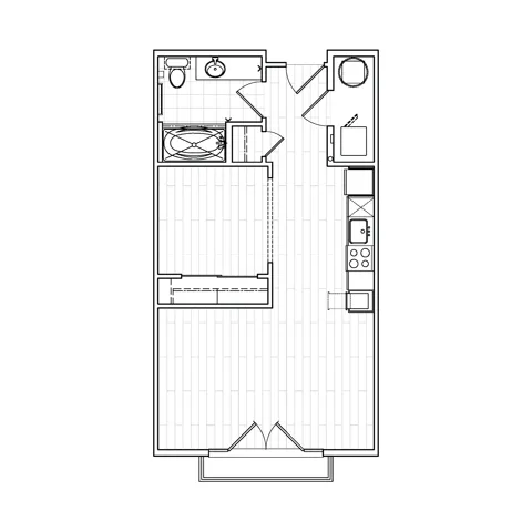 Floor plan of the S2 unit at Avenue 80, featuring a sleeping alcove, kitchen, living area, and bathroom. The layout includes a modern kitchen adjacent to the entrance, a cozy sleeping alcove, and a spacious living area with access to a Juliette balcony.