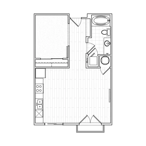 A1 studio apartment floor plan at Avenue 80 featuring a sleeping alcove, kitchen, living area, and bathroom with Juliette balcony.
