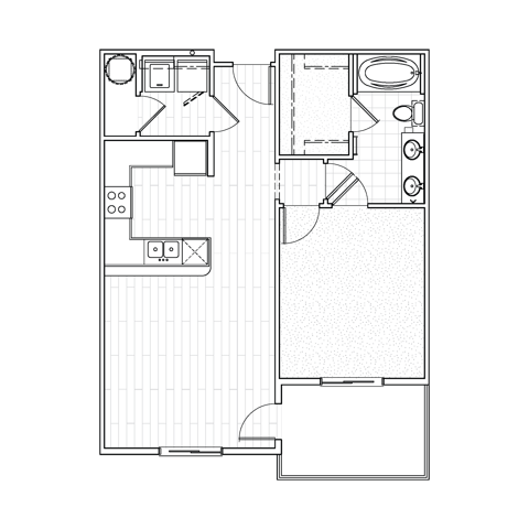 A2 one-bedroom apartment floor plan at Avenue 80 featuring a bedroom, kitchen, living area, bathroom, and a balcony.