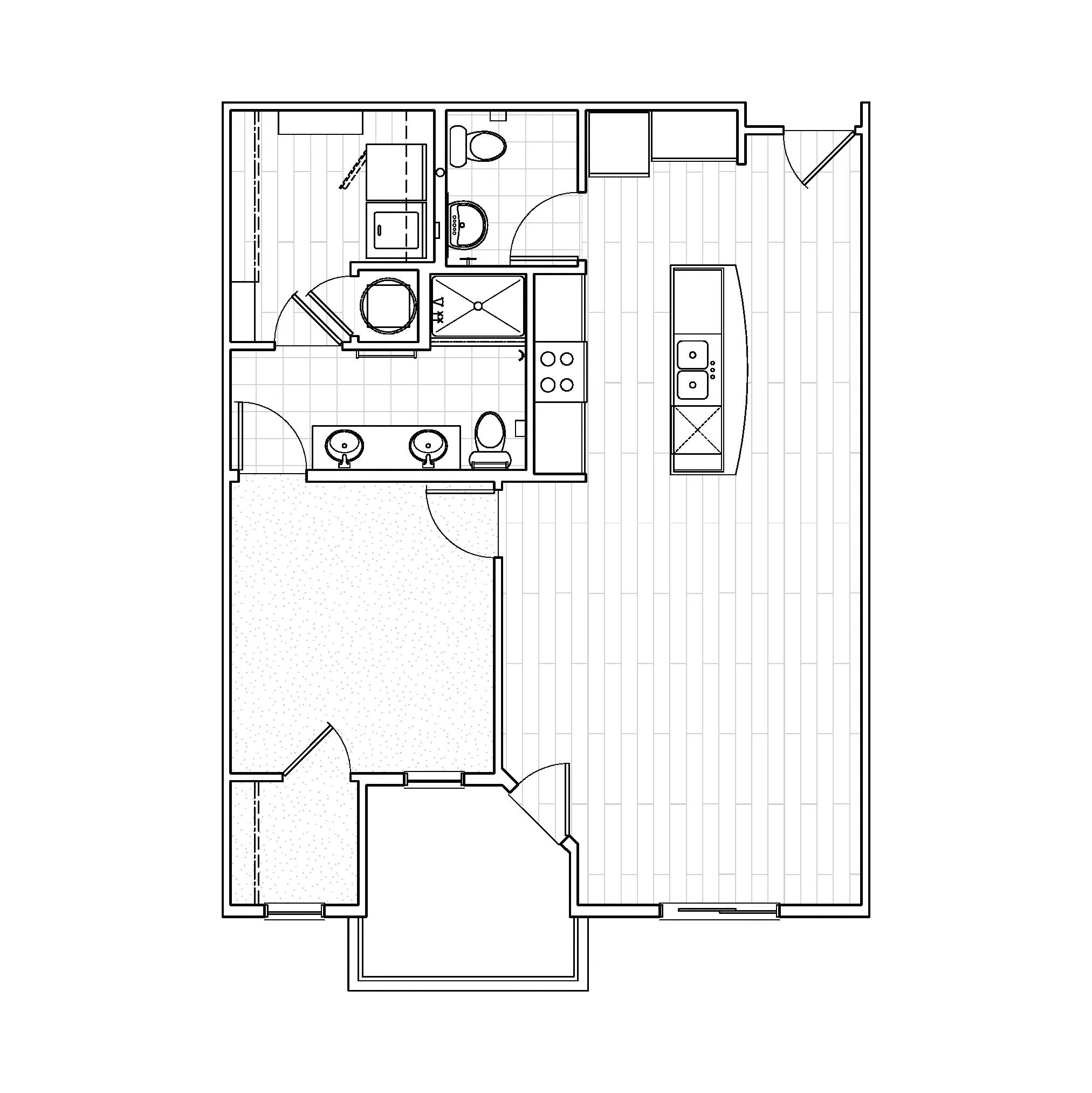 One-bedroom apartment floor plan at Avenue 80 showcasing a spacious living room, separate bedroom, modern kitchen, bathroom and balcony.