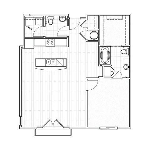 One-bedroom apartment floor plan at Avenue 80 showcasing a spacious living room, separate bedroom, modern kitchen, bathroom and balcony.