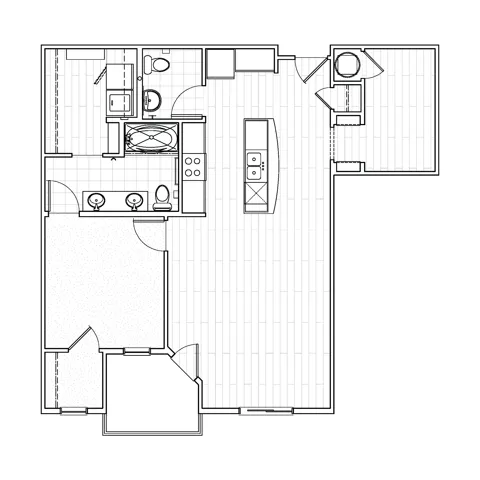 One-bedroom plus den apartment floor plan at Avenue 80 featuring a living room, separate bedroom, additional den space, modern kitchen, one and a half bathrooms, and a balcony.