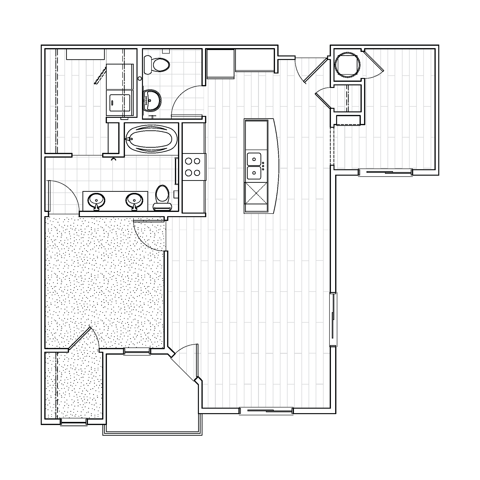 One-bedroom plus den apartment floor plan at Avenue 80 featuring a living room, separate bedroom, additional den space, modern kitchen, one and a half bathroom, and a balcony.