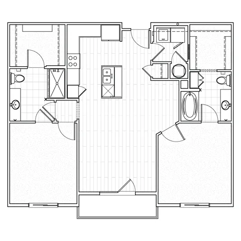 Two-bedroom apartment floor plan at Avenue 80 with a large living area, two separate bedrooms, modern kitchen, and two bathrooms.