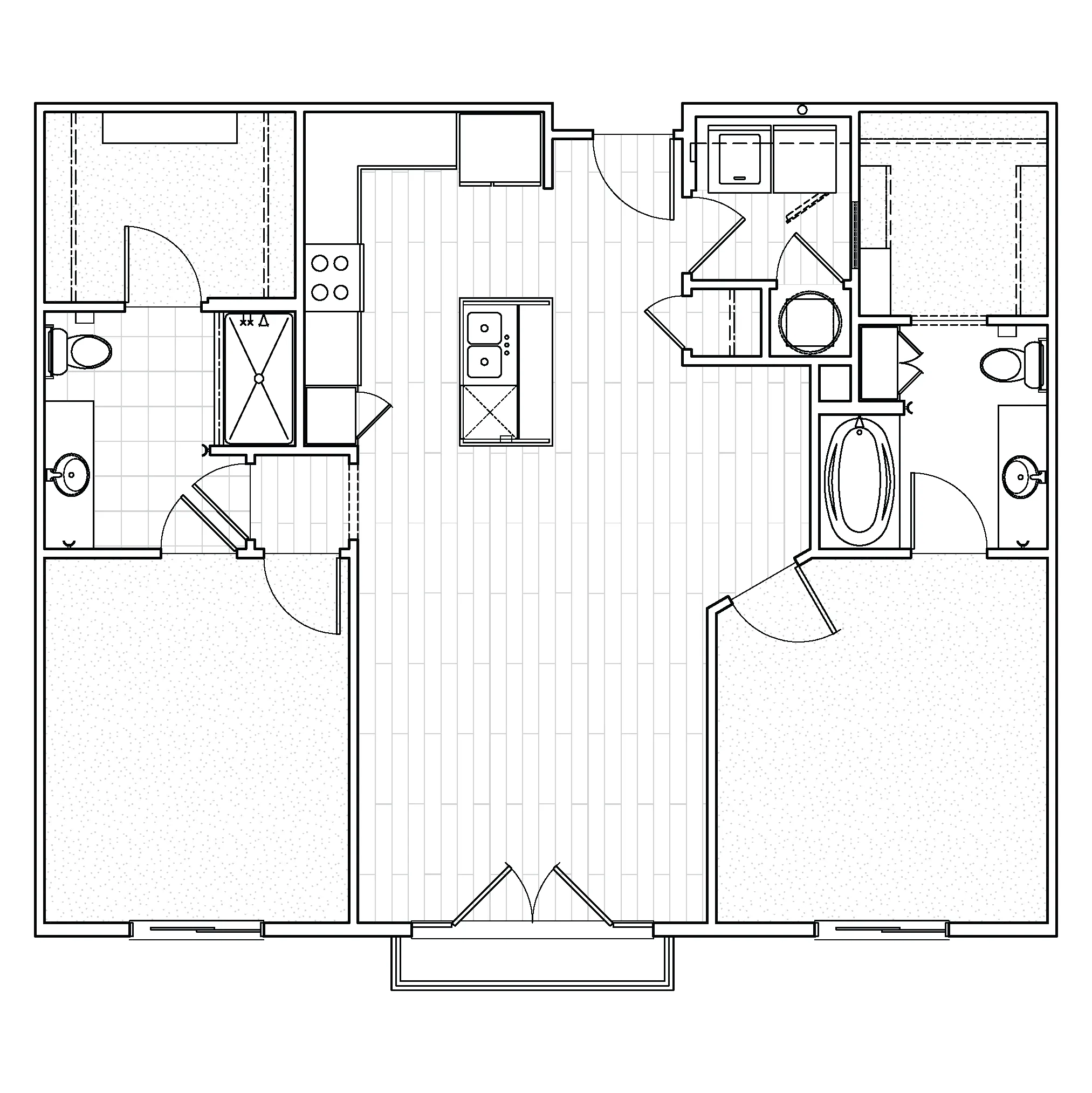 Two-bedroom apartment floor plan at Avenue 80 with a large living area, two separate bedrooms, modern kitchen, and two bathrooms.