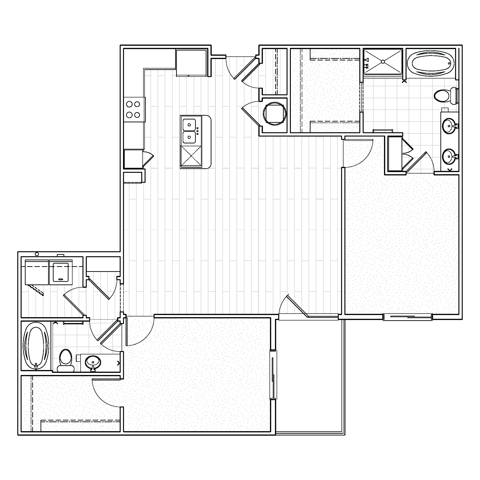 Two-bedroom apartment floor plan at Avenue 80 with a large living area, two separate bedrooms, modern kitchen, and two bathrooms.