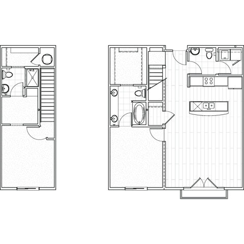Two-bedroom apartment floor plan at Avenue 80 with a large living area, two separate bedrooms, modern kitchen, and two bathrooms.