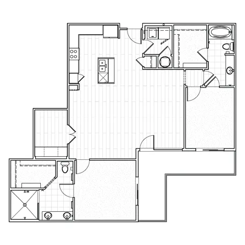 Two-bedroom plus den apartment floor plan at Avenue 80 highlighting a large living area, two separate bedrooms, additional den space, modern kitchen, and two bathrooms.