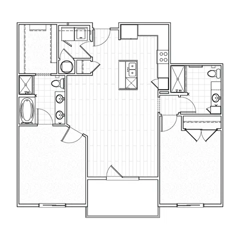 Two-bedroom apartment floor plan at Avenue 80 with a large living area, two separate bedrooms, modern kitchen, and two bathrooms.