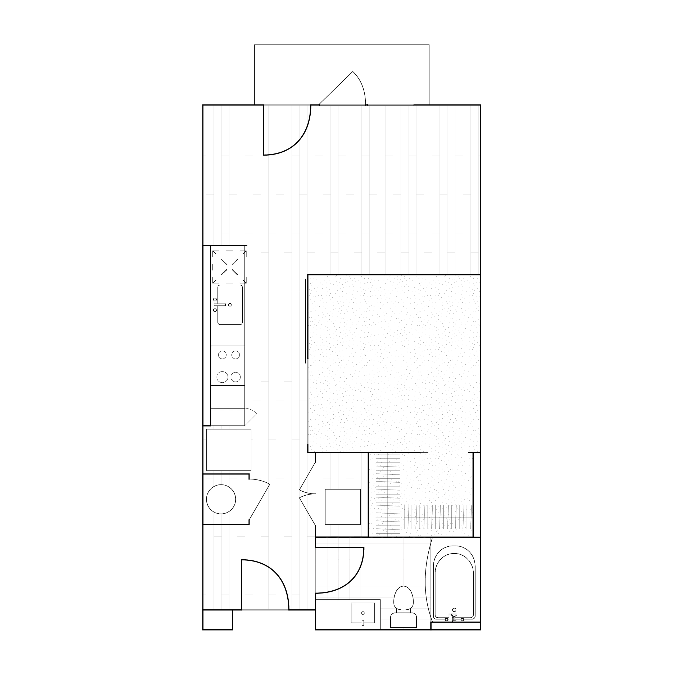 The Oslo Apartment in Overland Park KS 2D drawing of a 604 sq ft studio floor plan featuring a modern kitchenette and full bath, designed for efficient living.