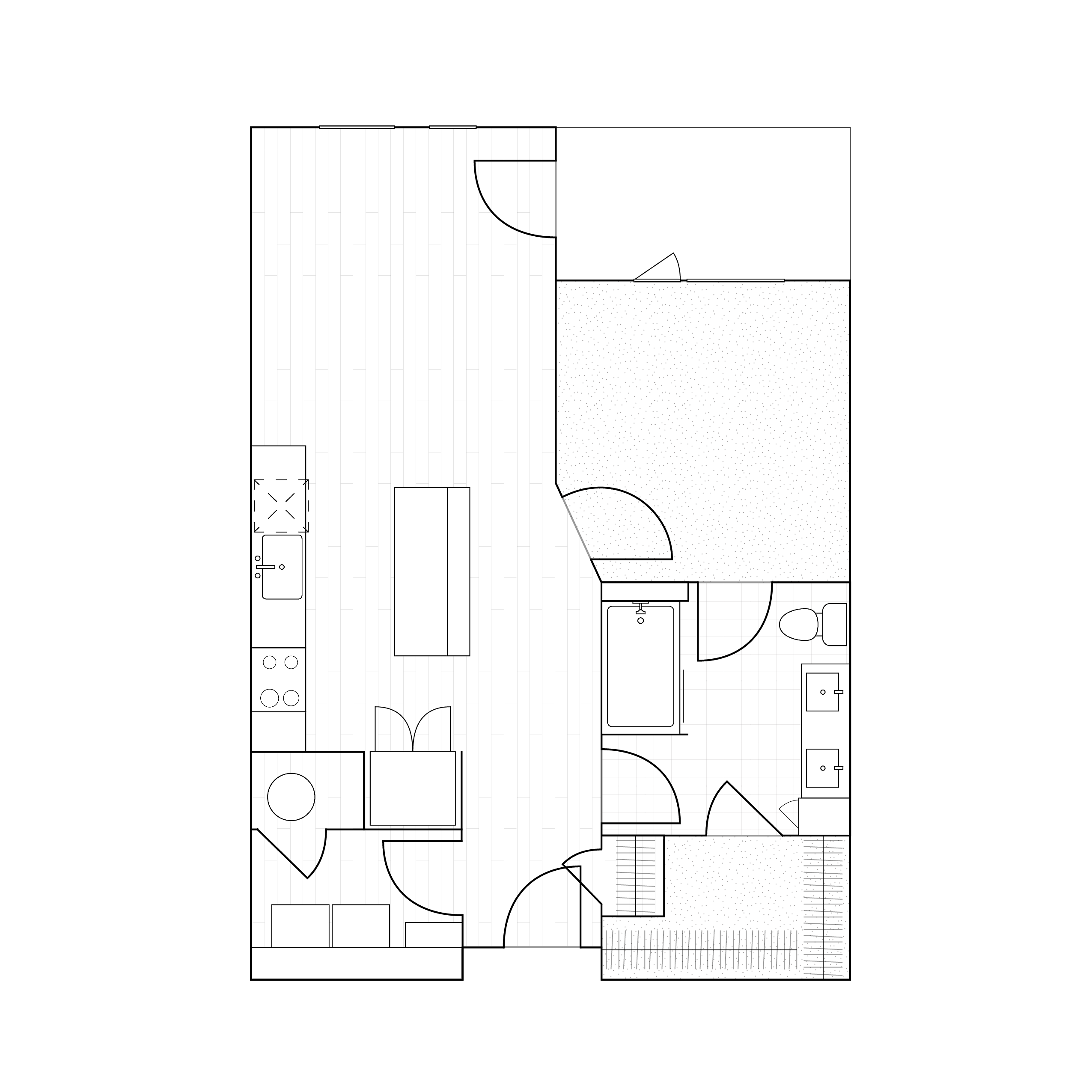 2D drawing of a 741 sq ft one-bedroom home floor plan with a spacious living area, full kitchen, and ample storage.