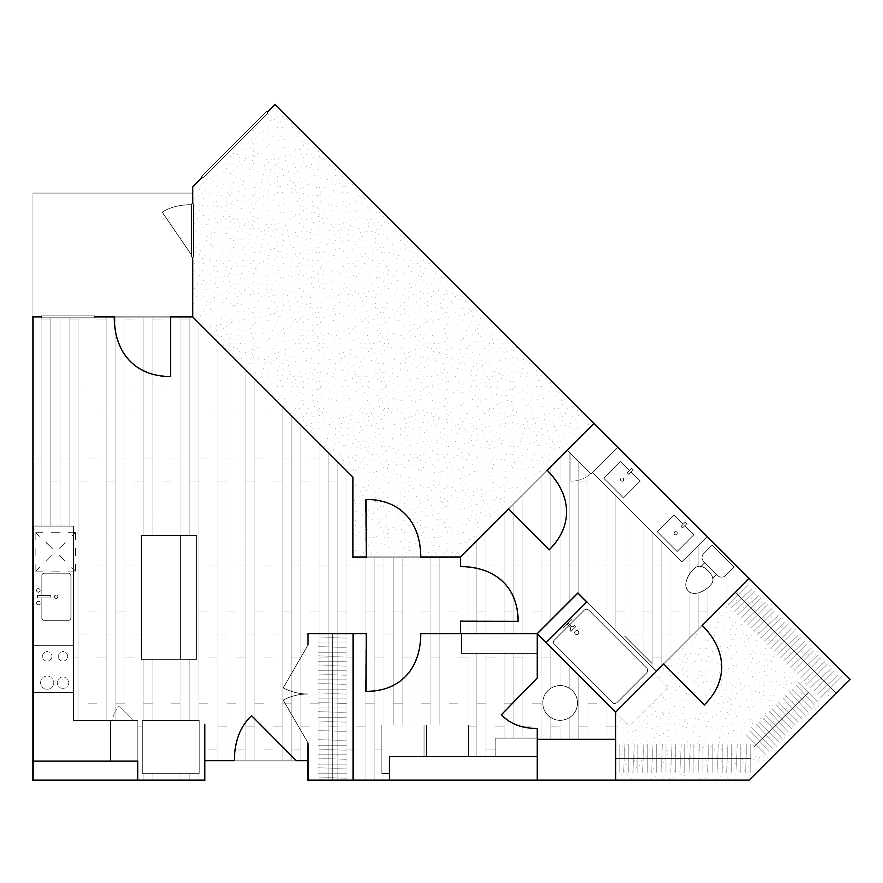 2D drawing of a 1018 sq ft larger one-bedroom unit floor plan with expansive living areas, high-end kitchens, and a private balcony/patio.