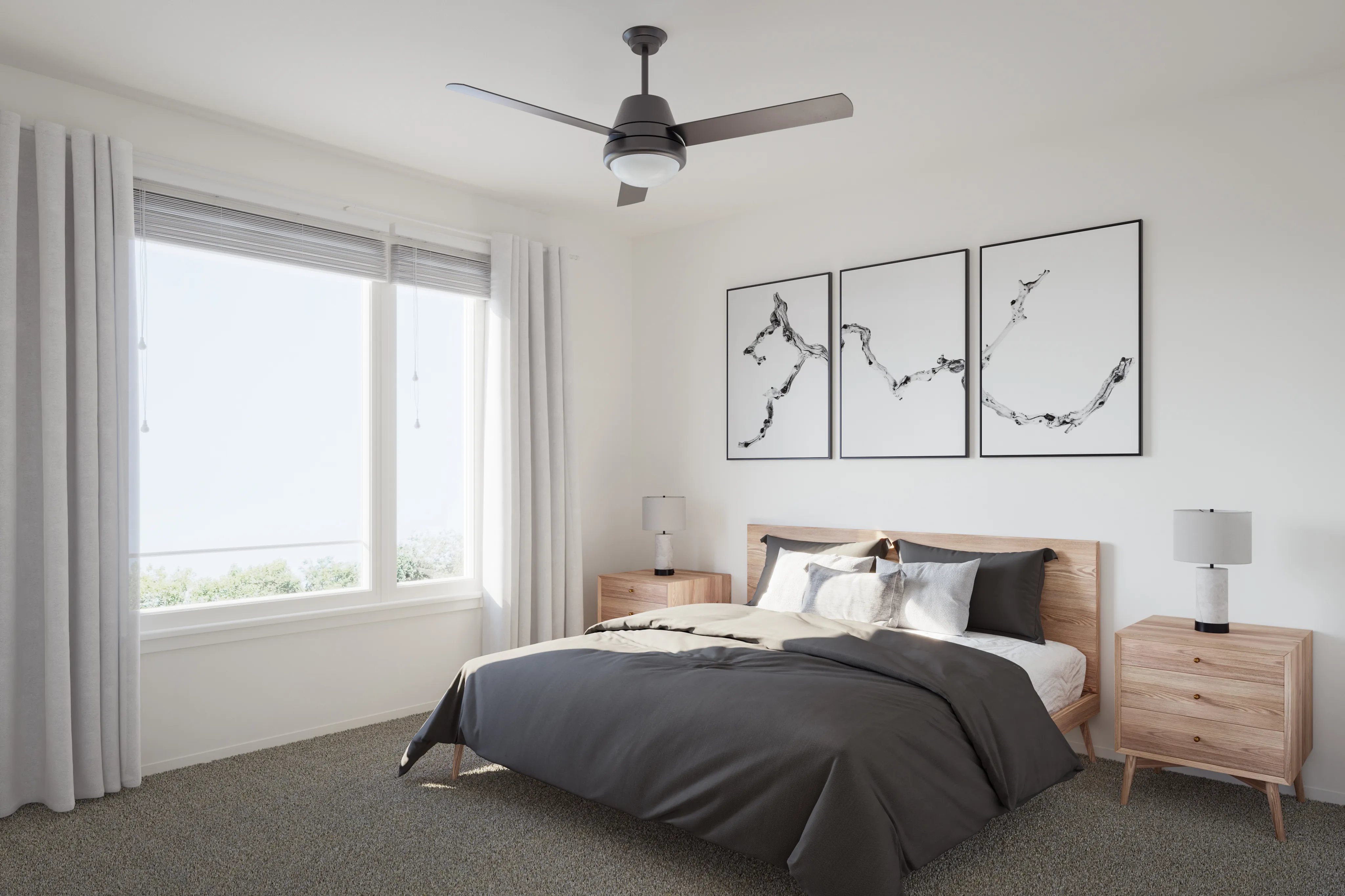 Inviting bedroom in two-bedroom layout at The Oslo, combining comfort and modern aesthetics with soft bedding and streamlined furniture for a restful night.