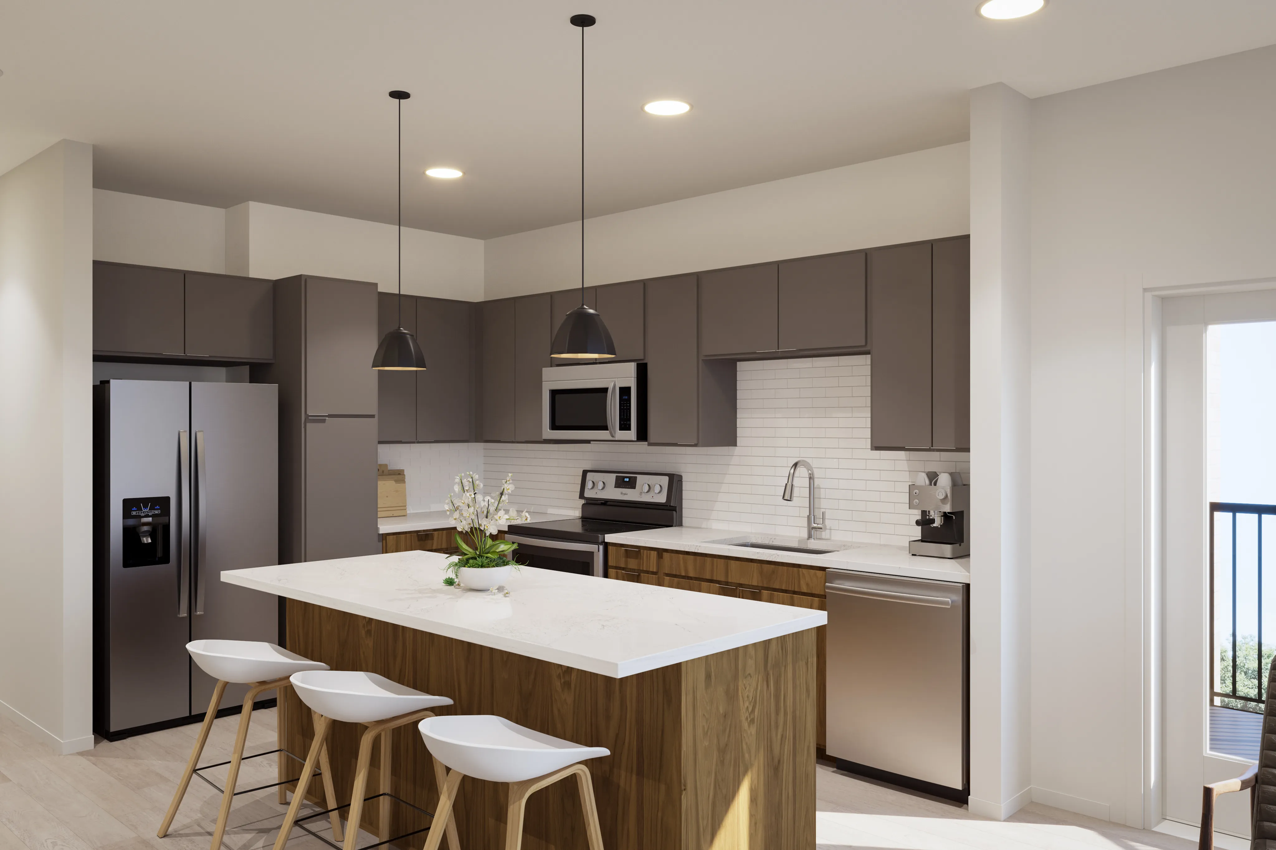 Spacious and modern kitchen in two-bedroom layout at The Oslo, featuring high-end finishes and a layout that caters to both cooking and socializing.