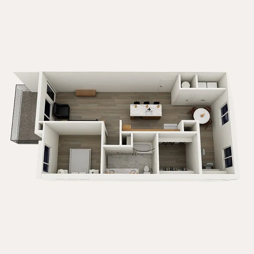 A1 floor plan &ndash; 1 bedroom, 1 bath, den, 950 sq ft