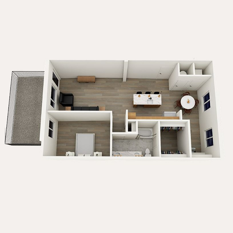 A2 floor plan &ndash; 1 bedroom, 1 bath, den, 1,023 sq ft