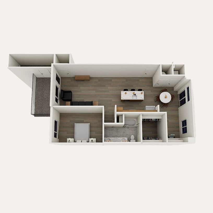 A2a floor plan &ndash; 1 bedroom, 1 bath, den, 1,070 sq ft