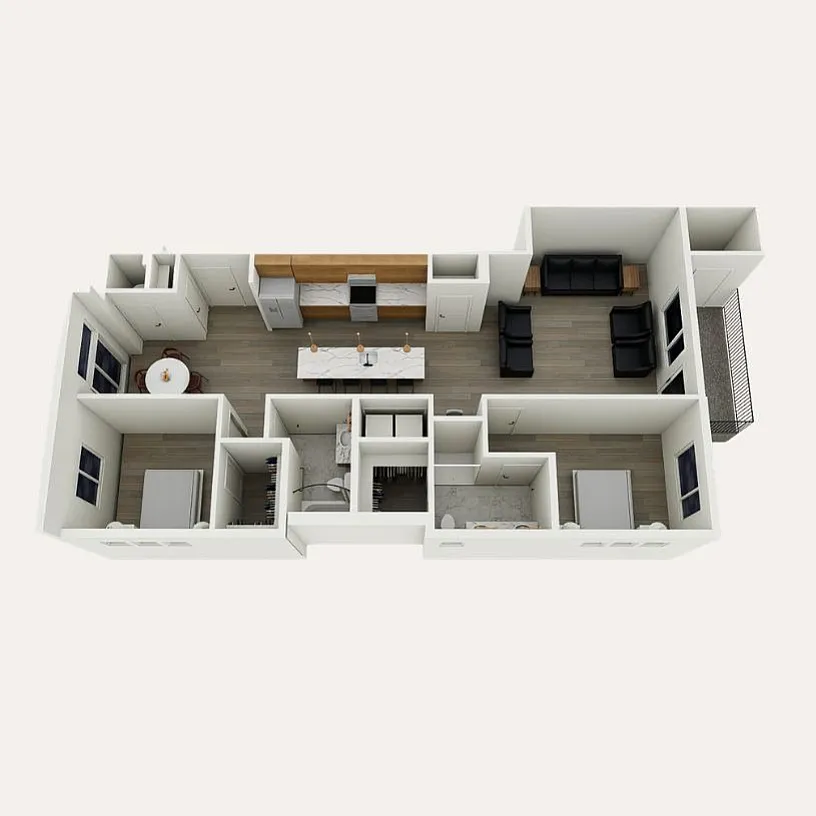 B1a floor plan &ndash; 2 bedroom, 2 bath, 1,300 sq ft