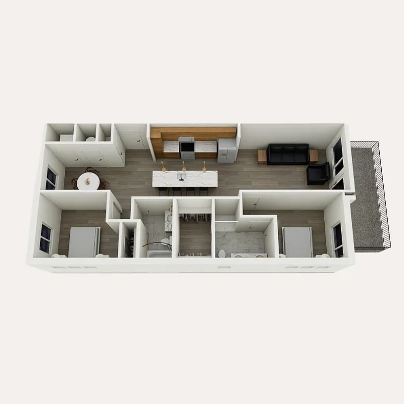 B2 floor plan &ndash; 2 bedroom, 2 bath, 1,142 sq ft