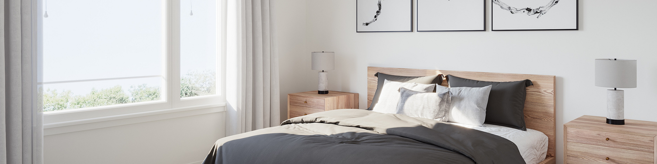 A bright and tranquil bedroom featuring a large window with a garden view, a double bed with a green textured bedspread, and abstract wall art above the bed. The room is adorned with minimalist nightstands and modern table lamps, under a ce