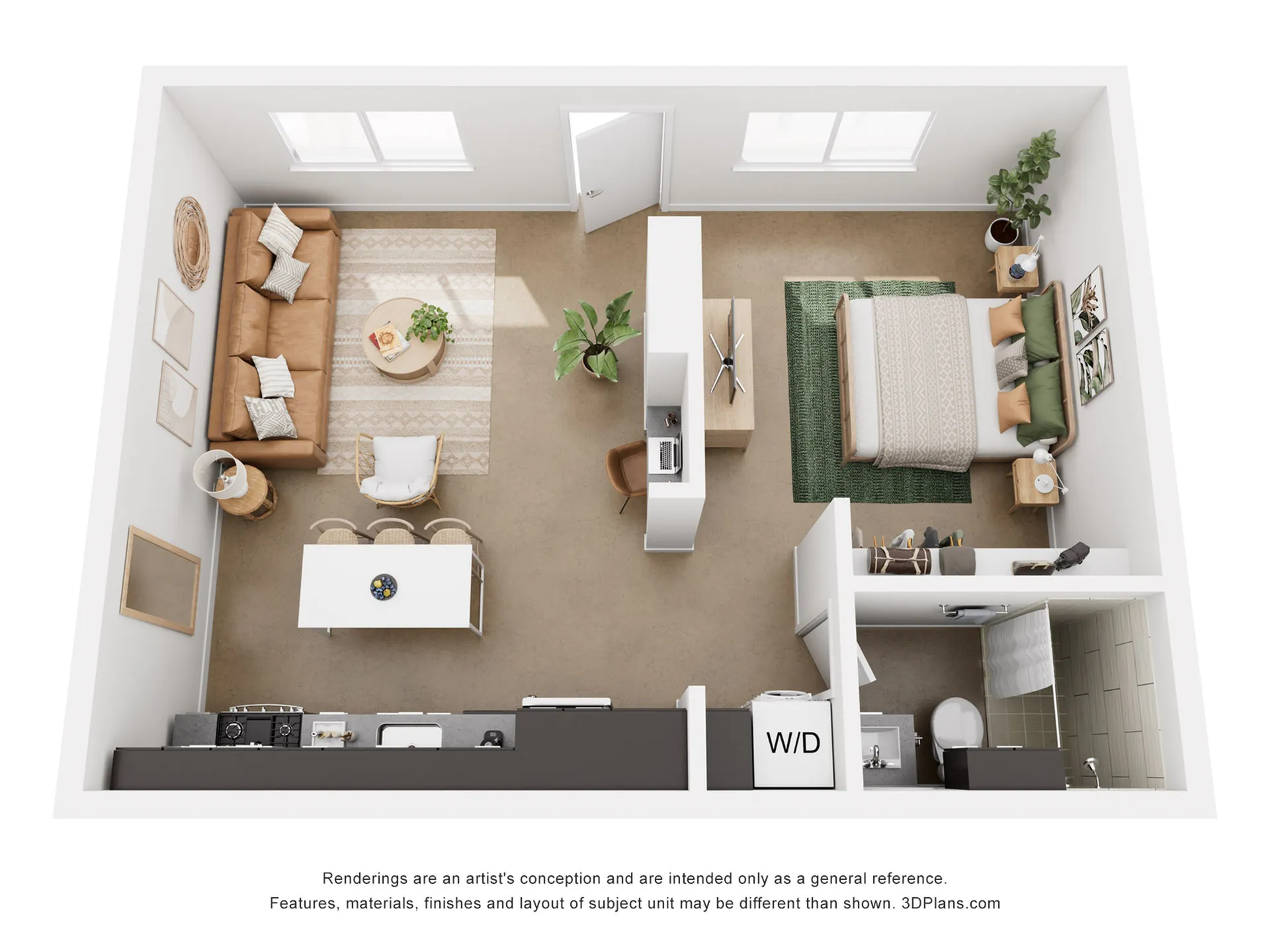 Modern apartment layout featuring an inviting open-concept living area, cozy bedroom with contemporary decor, and elegant bathroom. Perfect balance of style and function.