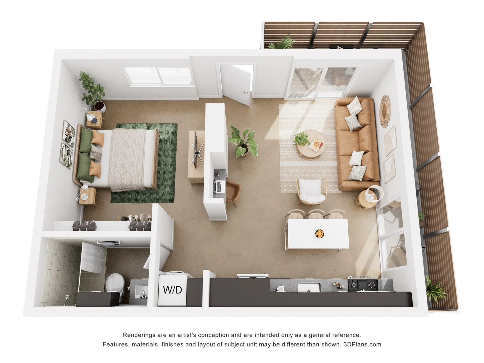 Chic studio apartment floor plan with stylish living area, modern kitchen, and cozy balcony.