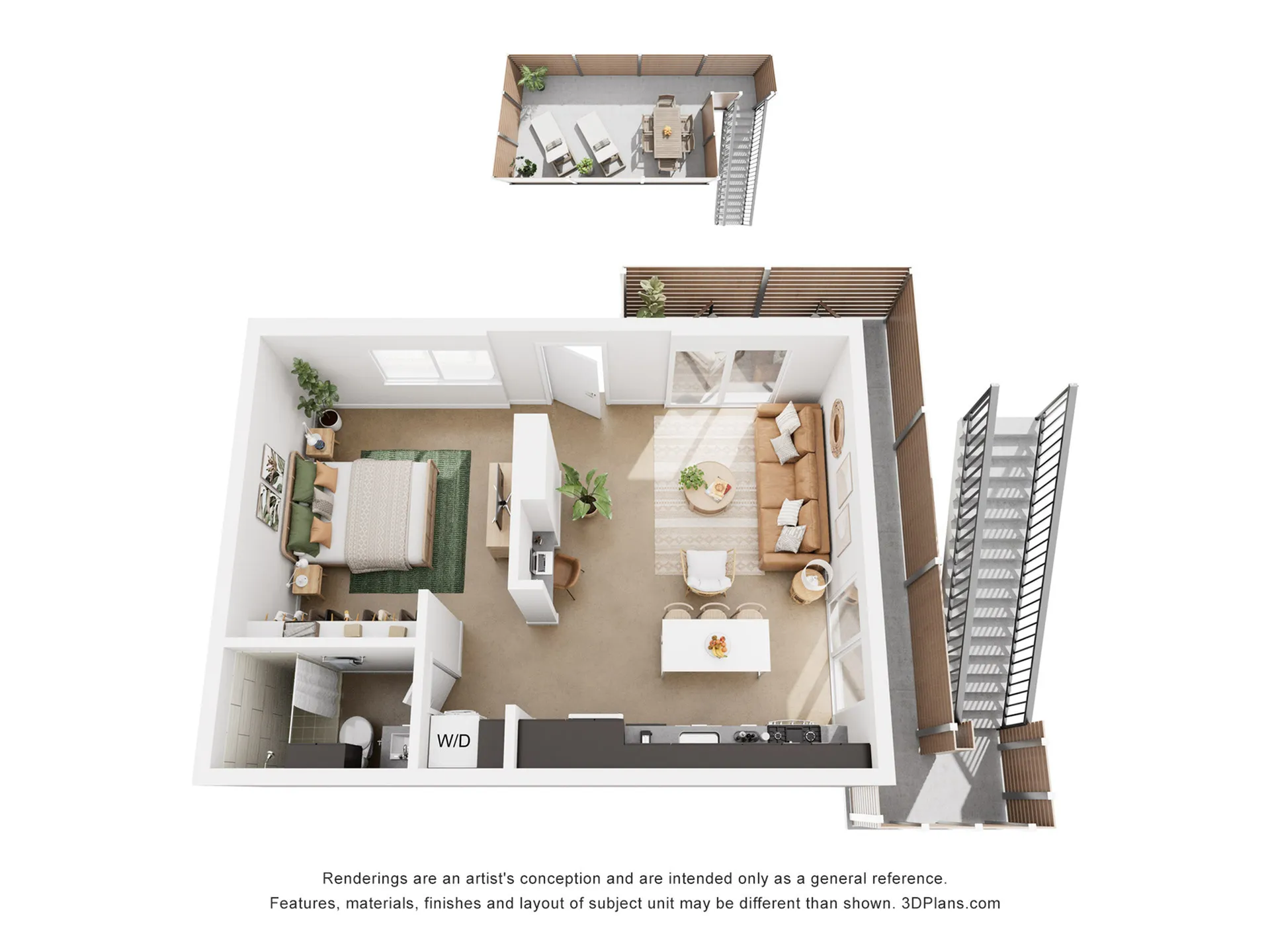 Modern 3D floor plan showcasing a cozy one-bedroom apartment with an open living area, stylish kitchen, and private balcony.
