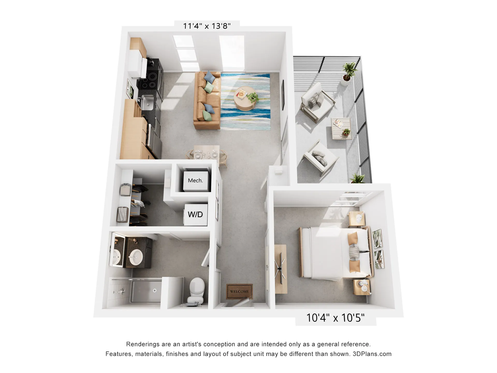 Inviting open-concept floor plan showcasing a spacious living room, modern kitchen, cozy bedroom, and private balcony perfect for relaxation.