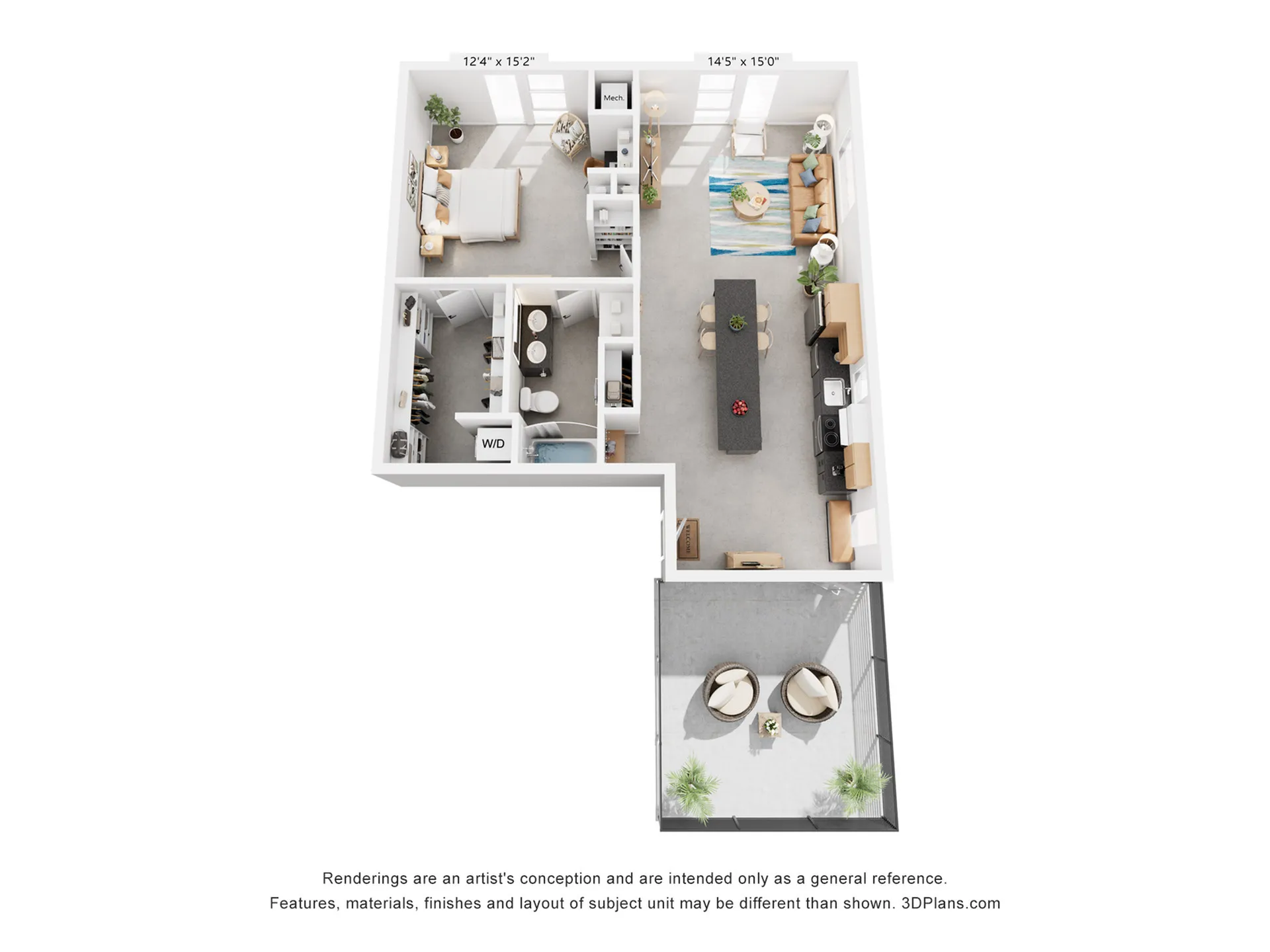 Modern 3D floor plan showcasing a stylish layout with a spacious bedroom, cozy living area, sleek kitchen, and outdoor patio.