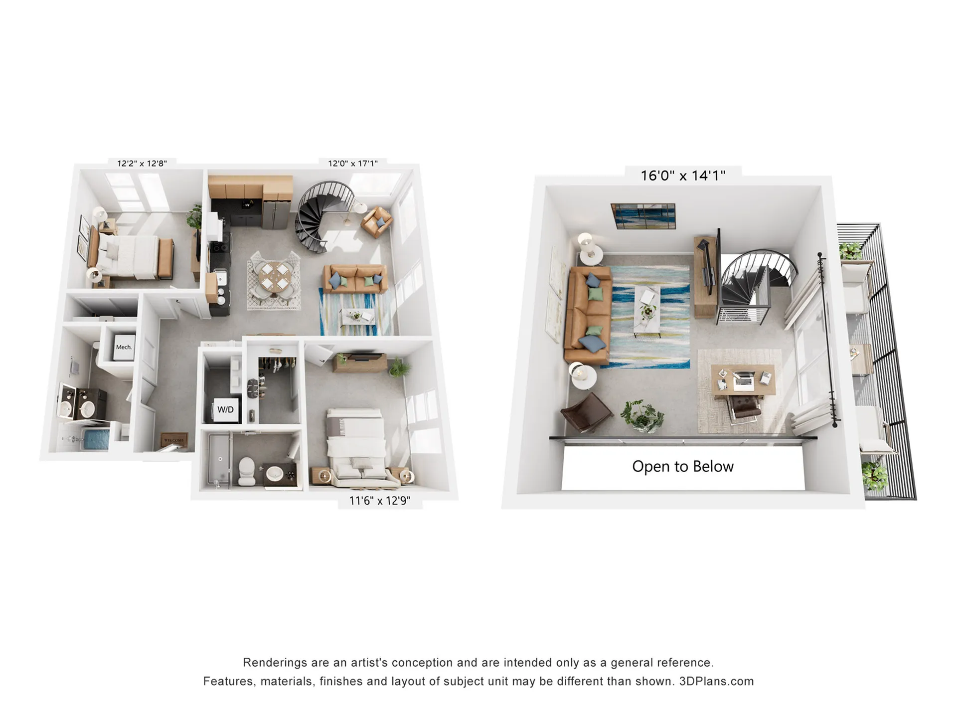 Chic two-level floor plan featuring two bedrooms, spacious living room with spiral staircase, and stylish balcony on the upper level.